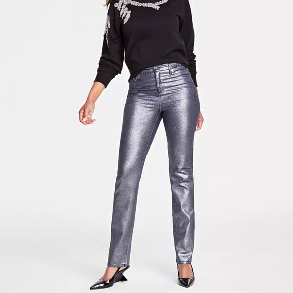 INC International Concepts Silver Metallic High Rise Jean Pants Size 12 - Picture 1 of 7